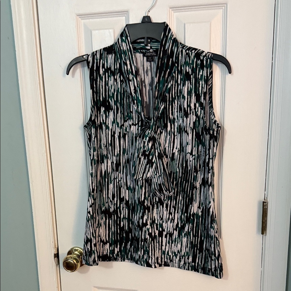 Tahari Black White and Teal Abstract Print Sleeveless Tie-Neck Blouse